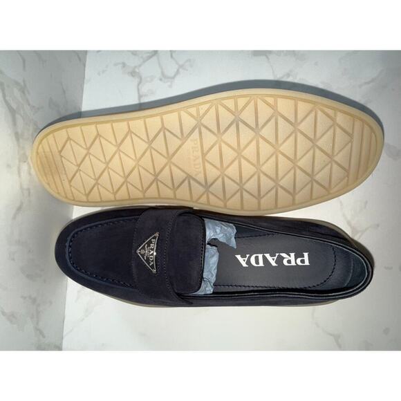 Prada Triangle Logo Suede Loafers Navy Blue 37.5